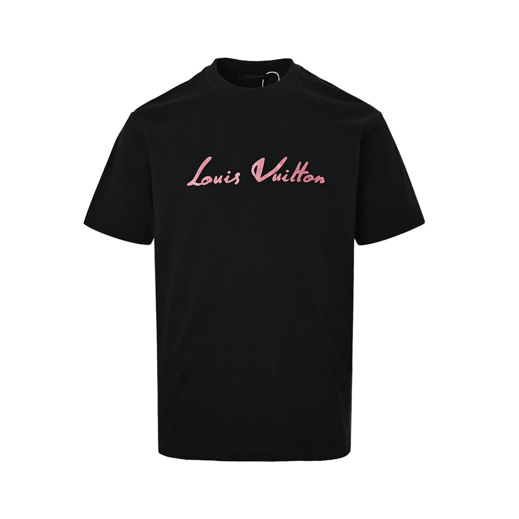 Louis Vuitton Script Signature Embroidered T-Shirt — Black / Rose