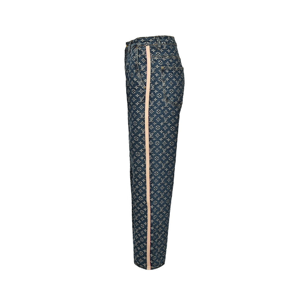 Louis Vuitton Monogram Side Leather-Trim Washed Blue Jeans