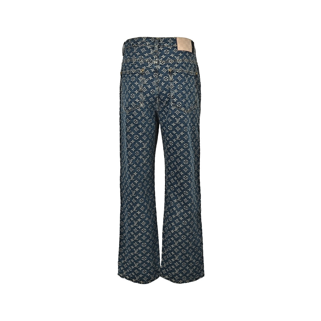 Louis Vuitton Monogram Side Leather-Trim Washed Blue Jeans