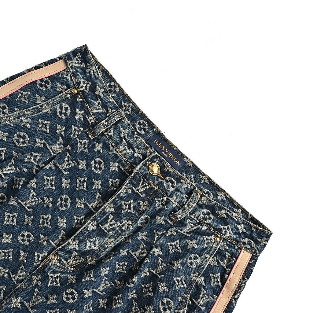 Louis Vuitton Monogram Side Leather-Trim Washed Blue Jeans
