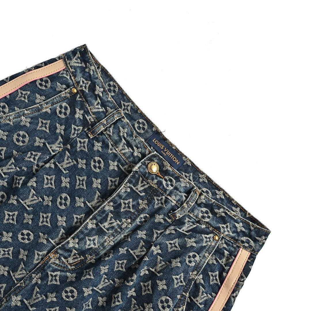 Louis Vuitton Monogram Side Leather-Trim Washed Blue Jeans