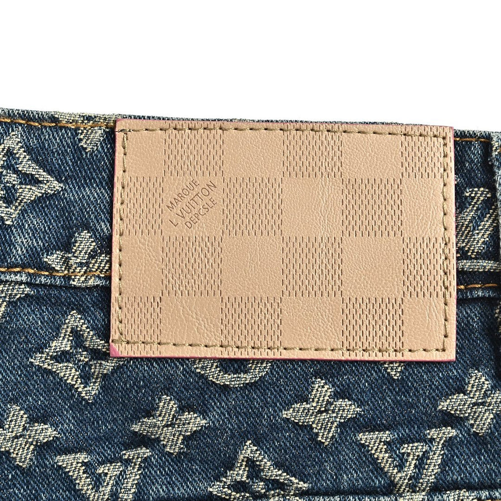Louis Vuitton Monogram Side Leather-Trim Washed Blue Jeans