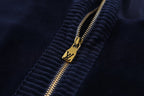 LOUIS VUITTON Navy Velour Tracksuit Set — Bomber Jacket & Jogger Pants with Leather Patch