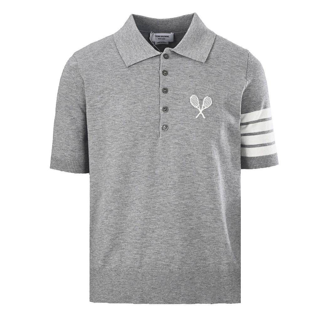 Thom Browne Tennis Racket Embroidery 4-Bar Knit Polo – Medium Grey