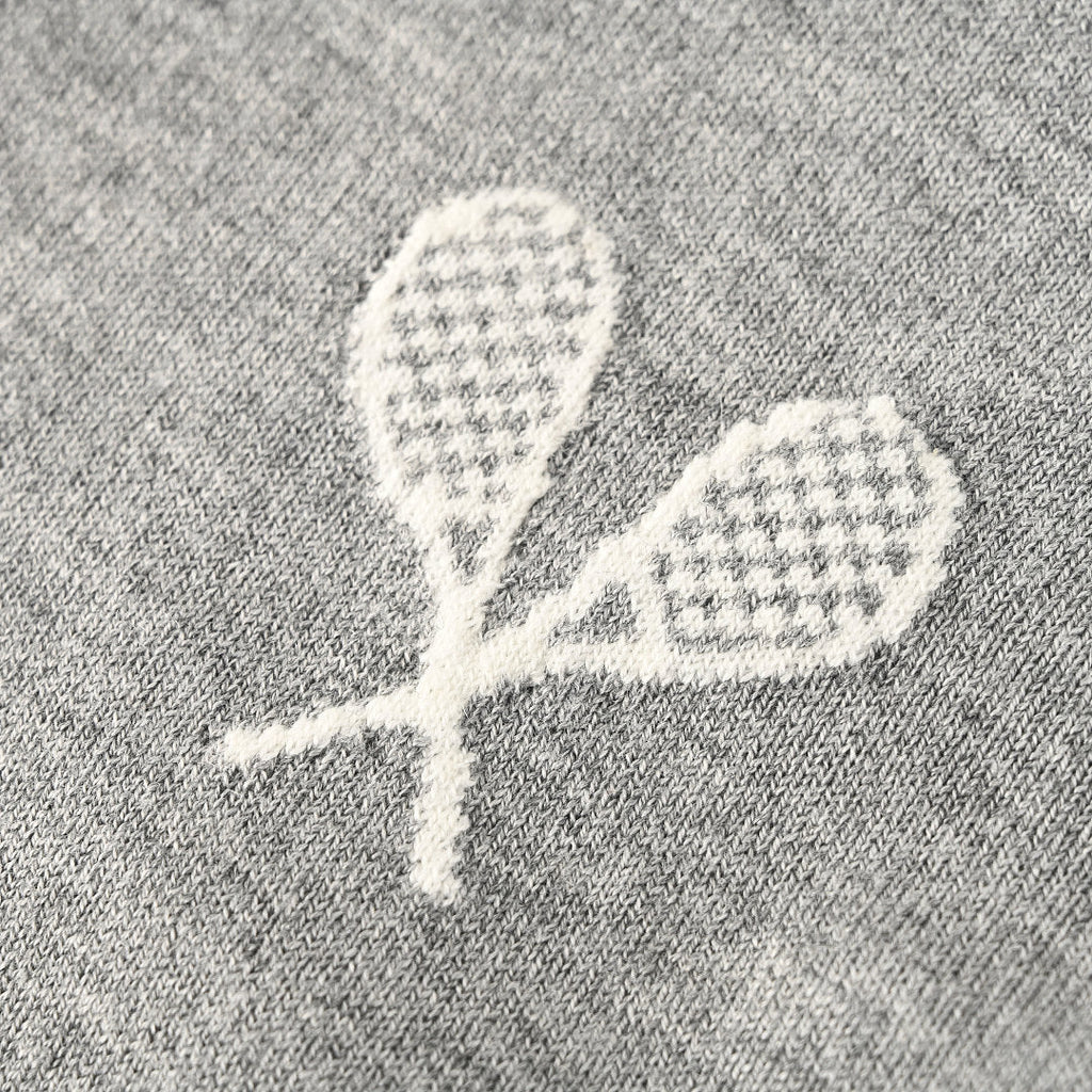 Thom Browne Tennis Racket Embroidery 4-Bar Knit Polo – Medium Grey