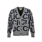 Gucci Grey Oversized Letter Jacquard V-Neck Knit Cardigan