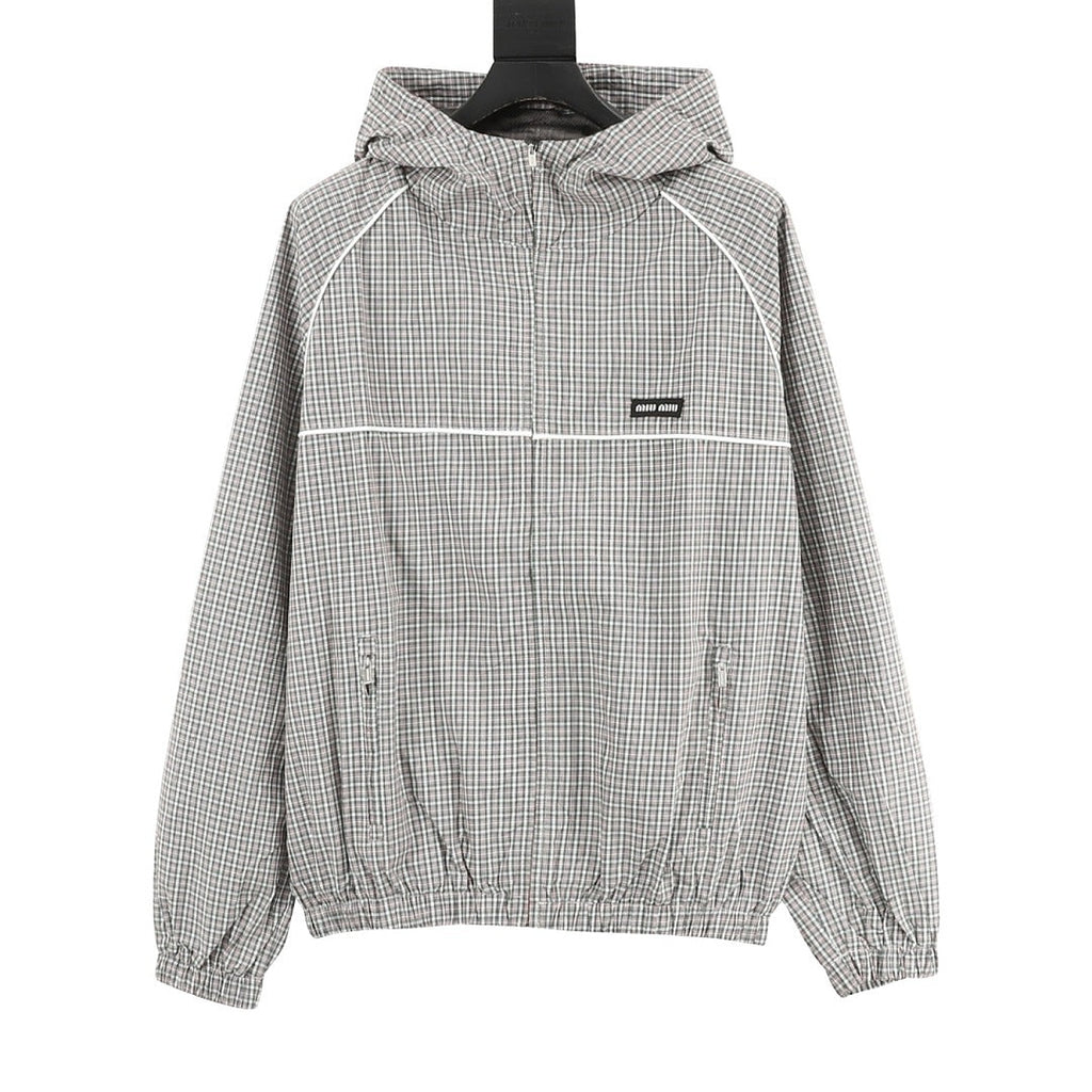 Miu Miu Micro Check Hooded Windbreaker Grey