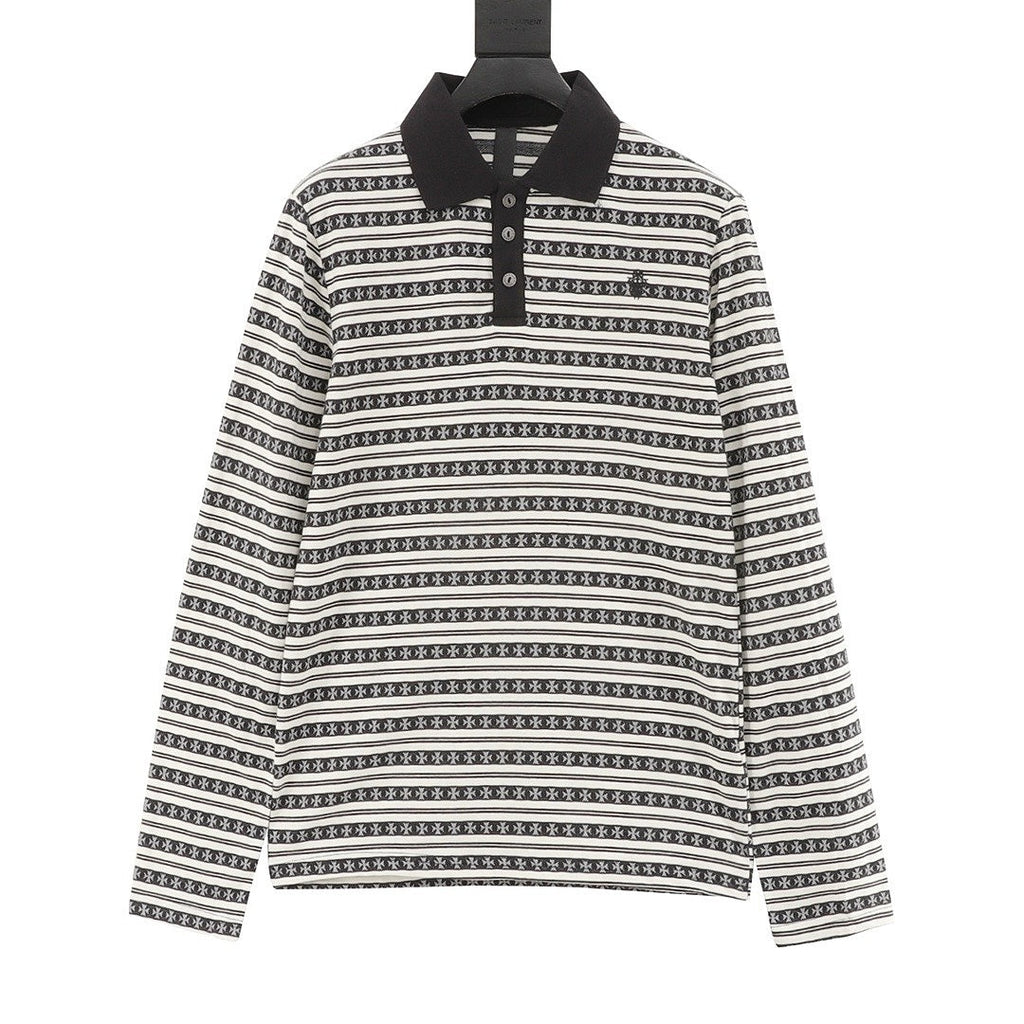 Chrome Hearts Cross Stripe Long-Sleeve Polo Shirt — Black & White