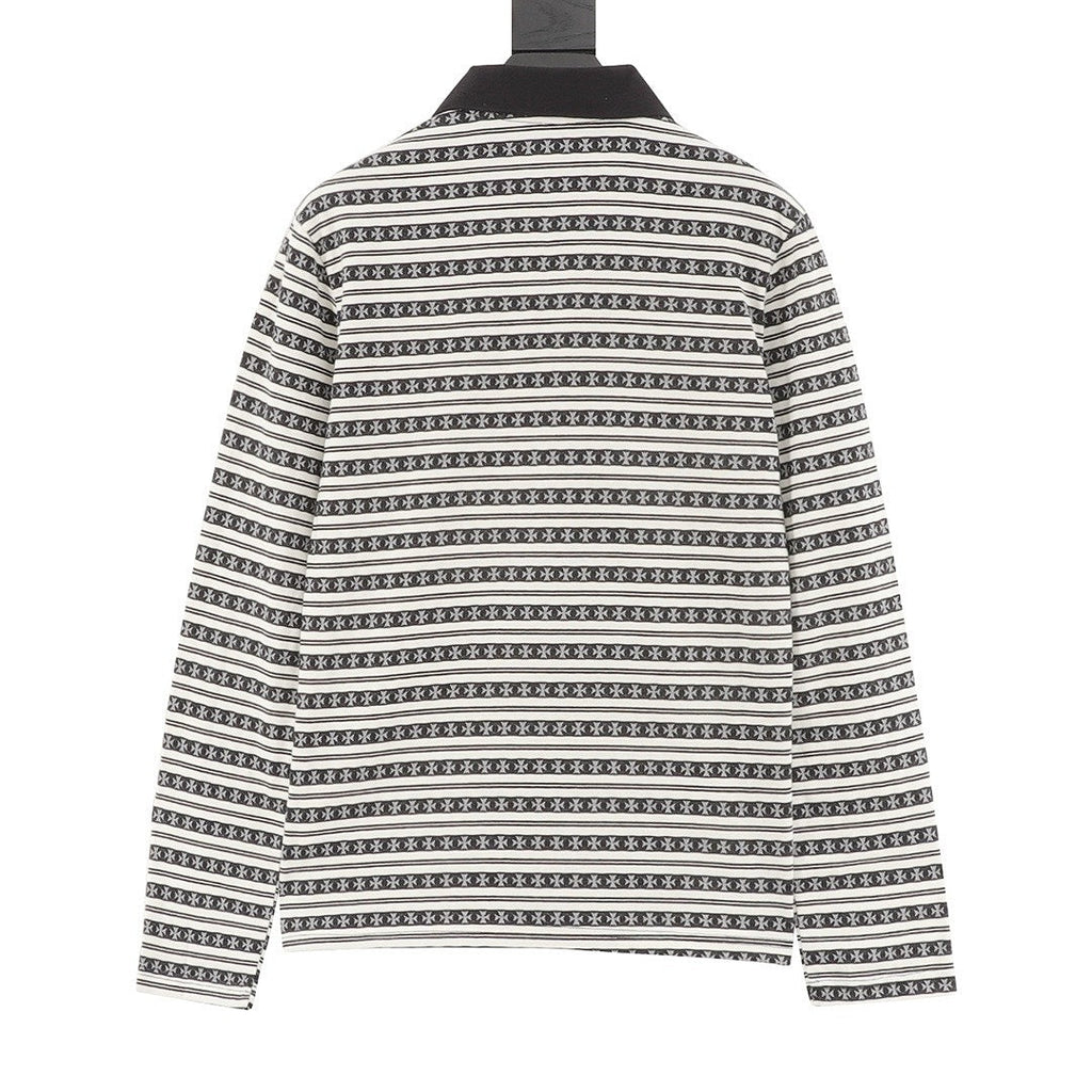 Chrome Hearts Cross Stripe Long-Sleeve Polo Shirt — Black & White