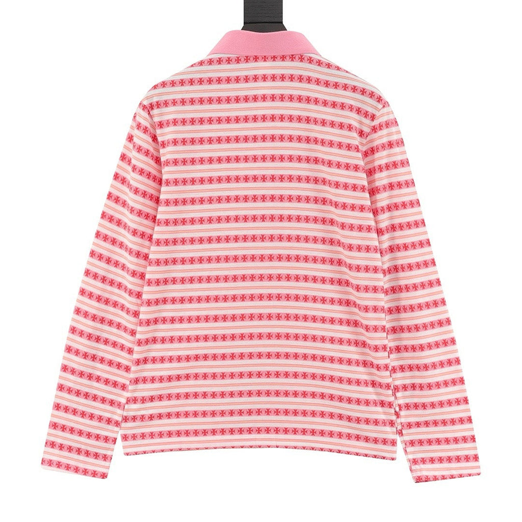 Chrome Hearts Cross Stripe Long-Sleeve Polo Shirt —Pink