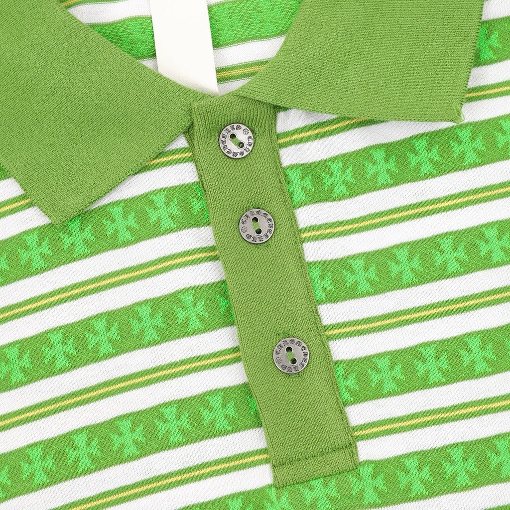 Chrome Hearts Cross Stripe Long-Sleeve Polo Shirt — Green