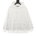 White Louis Vuitton hoodie with gradient Monogram pattern, drawstring hood, and kangaroo pocket